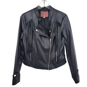 Miss London Womens Black‎ Vegan Leather Jacket Size L Fringe Motorcycle Biker